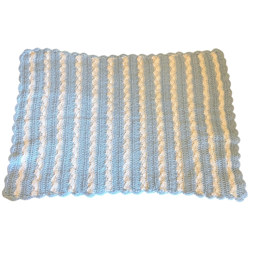 Handmade Crochet Baby Receiving Blanket Light Blue White Striped Scalloped 40x27
